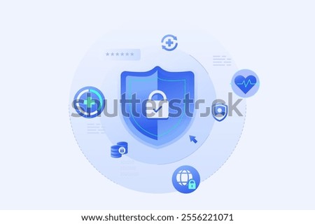 Cybersecurity in Healthcare and Medical protect patient data information cyber attacks illustration background.
