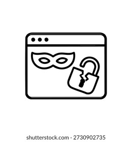 Ícone de segurança cibernética máscara de hacker anônima e cadeado quebrado na janela do navegador ilustração vetorial em preto e branco