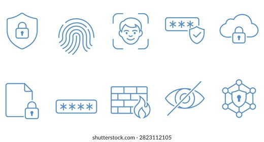 Cybersecurity icon collection featuring authentication encryption password privacy firewall biometric protection secure network access and digital technology vector illustration set.