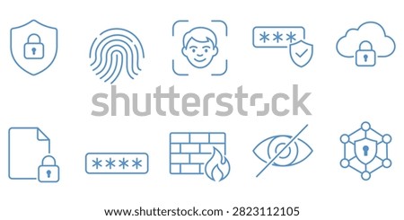 Cybersecurity icon collection featuring authentication encryption password privacy firewall biometric protection secure network access and digital technology vector illustration set.