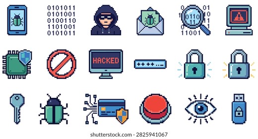 Cybersecurity icon collection featuring hackers, malware, locks, passwords, binary code and bugs representing digital threats, data privacy and network defense.