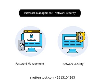 Cybersecurity Icon Collection for Password Control and Network Safety Monitoring