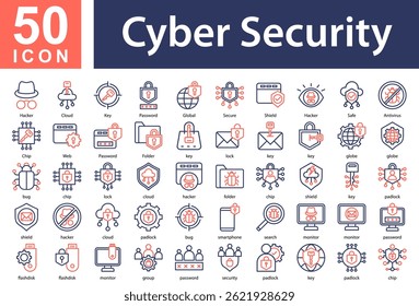 Conjunto de Colección de íconos de ciberseguridad y color de contorno