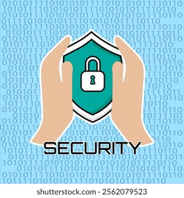 Cybersecurity icon. Hands, shield, lock protecting data. Simple icon that can be applied anywhere, simple, pixel and modern style.