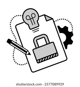 Cybersecurity Icon – Lock with Document, Gear, and Pencil Representing Data Security and Privacy