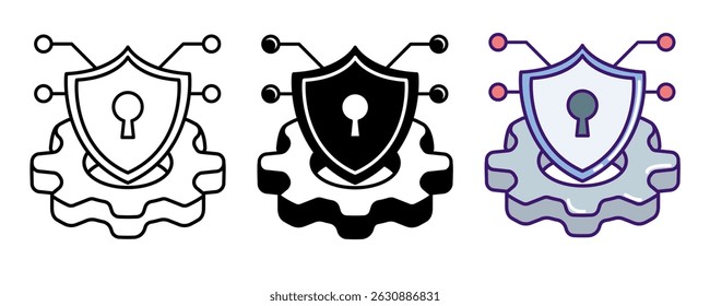 Cybersecurity icon represented by shield, gear, circuit Line, Filled, Color style.