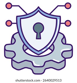 Cybersecurity icon represented by shield, gear, circuit Lineal Color style.