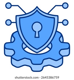 Cybersecurity icon represented by shield, gear, circuit Blue style.