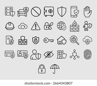 Cybersecurity Icon Set - 36 technische Symbole, Data Protection Graphics, Secure Network Illustrations, Vector Illustrator File.