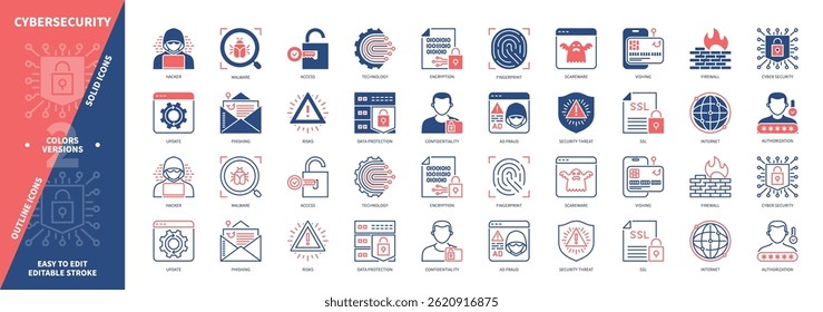 Cybersecurity icon set. Access, Hacker, Fingerprint, Firewall, Data Protection, Technology, Software, Confidentiality. Duotone color solid and editable outline icons