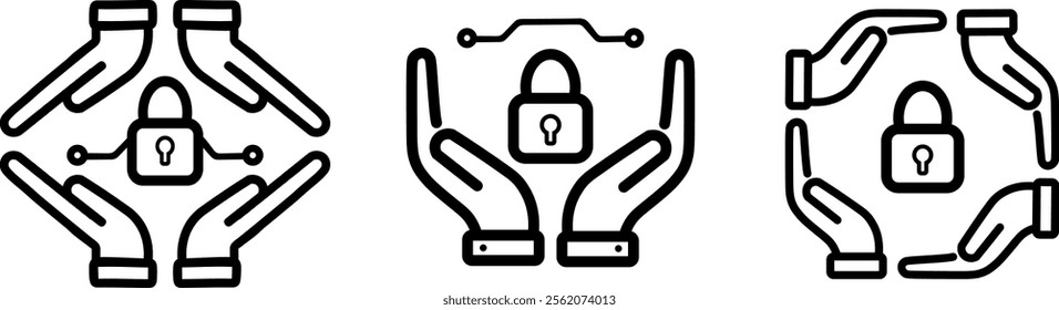 Cybersecurity icon set with black color palette in outline style. For projects on cybersecurity, internet and software for device protection