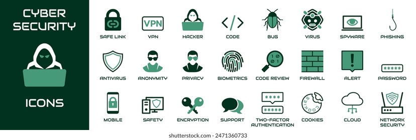 Cybersecurity icon set. Collection contains safe link, hacker, VPN, code, bug, virus, spyware, phishing, antivirus, anonymity, privacy, biometrics, encryption and other icons.