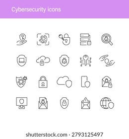 Cybersecurity icon set, editable stroke. Vector icons data protection, cybersecurity, antivirus and antispyware, user and personal data protection.