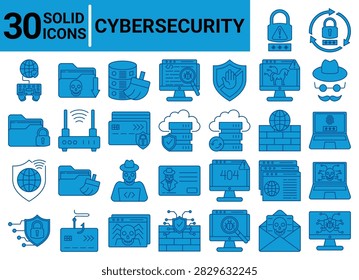 Cybersecurity icon set. Include anonymous, ad block, malware, phisihng, fraud, virus, hacker, hacking, blackmail, firewall, password, access, authetication, server, bug, internet, hosting, vpn, scam