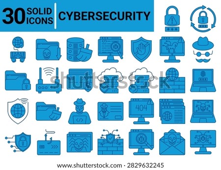 Cybersecurity icon set. Include anonymous, ad block, malware, phisihng, fraud, virus, hacker, hacking, blackmail, firewall, password, access, authetication, server, bug, internet, hosting, vpn, scam