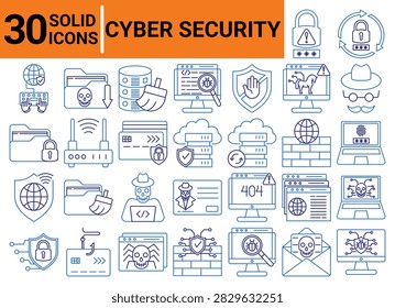 Cybersecurity icon set. Including anonymous, ad block, malware, phisihng, fraud, virus, hacker, hacking, blackmail, firewall, password, access, authetication, server, bug, internet, hosting, vpn, scam