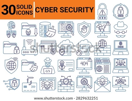 Cybersecurity icon set. Including anonymous, ad block, malware, phisihng, fraud, virus, hacker, hacking, blackmail, firewall, password, access, authetication, server, bug, internet, hosting, vpn, scam