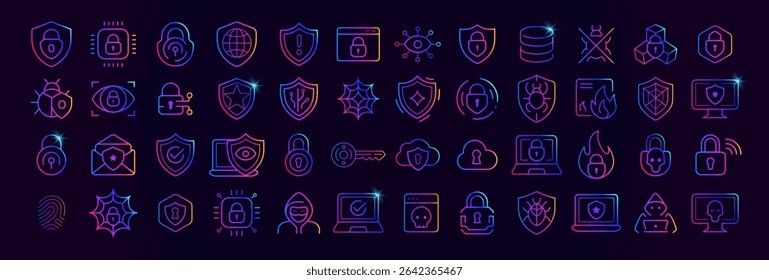 Cybersecurity icon set with neon gradient style. Shield, padlock, firewall, fingerprint, virus, hacker, cloud and data protection symbols for cyber defense, privacy, encryption. Vector illustration
