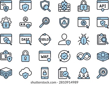 Cybersecurity Icon Set Vector Collection - Web Application Security, Firewall, API, DAST, WAF, SDLC, Bug, Shield Flat Line Icons