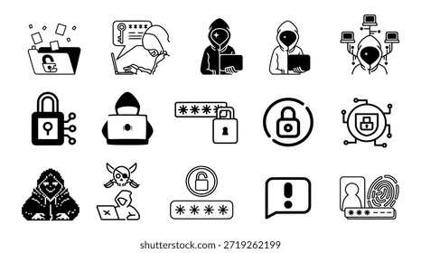 Cybersecurity icon set in vector silhouette style showing hacking, password, and data protection symbols for EPS design templates.