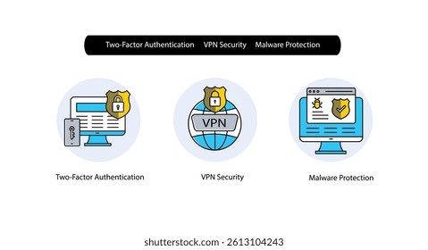 Cybersecurity Icon Set for VPN Security and Malware Access Prevention