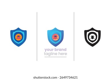 Ícone de segurança cibernética mostrando o bug dentro do escudo em 3 estilos. Ideal para proteção contra malware, controle de bugs, interface de usuário antivírus e sistemas de defesa digital.