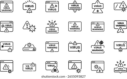 Colección de íconos de ciberseguridad con piratería informática, malware, phishing, Inicio de sesión seguro, protección de datos y símbolos de alerta de virus en un estilo de línea moderno