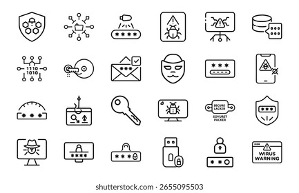 Colección de íconos de ciberseguridad con piratería informática, malware, phishing, Inicio de sesión seguro, protección de datos y símbolos de alerta de virus en un estilo de línea moderno