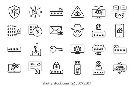 Cybersecurity Icons Collection Apresentando Hacking, Malware, Phishing, Secure Login, Proteção de Dados e Símbolos de Alerta de Vírus em um Estilo Moderno