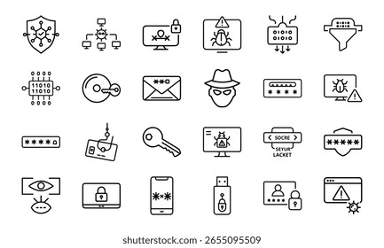 Colección de íconos de ciberseguridad con piratería informática, malware, phishing, Inicio de sesión seguro, protección de datos y símbolos de alerta de virus en un estilo de línea moderno
