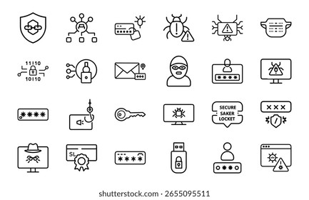 Cybersecurity Icons Collection Apresentando Hacking, Malware, Phishing, Secure Login, Proteção de Dados e Símbolos de Alerta de Vírus em um Estilo Moderno