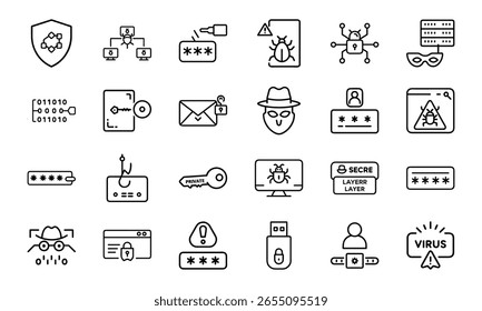 Cybersecurity Icons Collection Featuring Hacking, Malware, Phishing, Secure Login, Data Protection, and Virus Alert Symbols in a Modern Line Style