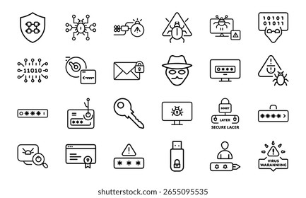 Cybersecurity Icons Collection Apresentando Hacking, Malware, Phishing, Secure Login, Proteção de Dados e Símbolos de Alerta de Vírus em um Estilo Moderno