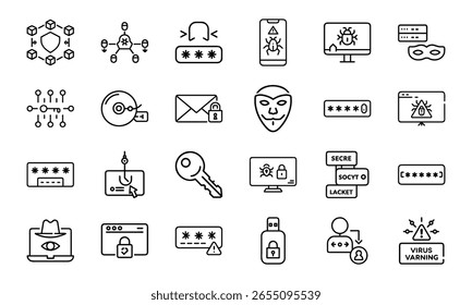 Colección de íconos de ciberseguridad con piratería informática, malware, phishing, Inicio de sesión seguro, protección de datos y símbolos de alerta de virus en un estilo de línea moderno