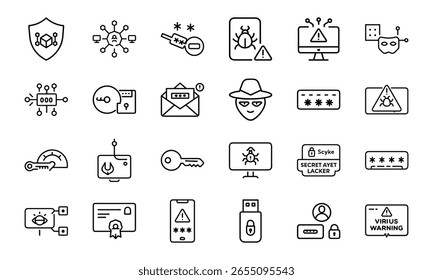 Cybersecurity Icons Collection Featuring Hacking, Malware, Phishing, Secure Login, Data Protection, and Virus Alert Symbols in a Modern Line Style