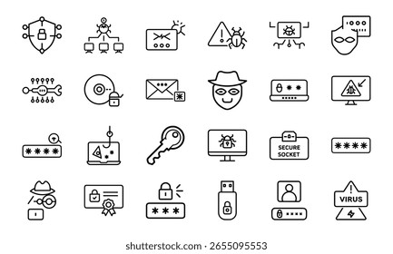 Cybersecurity Icons Collection Apresentando Hacking, Malware, Phishing, Secure Login, Proteção de Dados e Símbolos de Alerta de Vírus em um Estilo Moderno