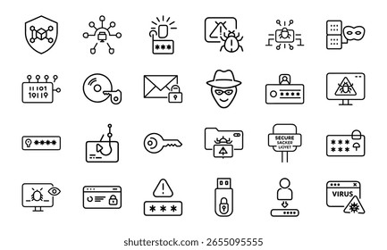 Cybersecurity Icons Collection Apresentando Hacking, Malware, Phishing, Secure Login, Proteção de Dados e Símbolos de Alerta de Vírus em um Estilo Moderno