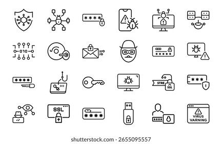 Cybersecurity Icons Collection Apresentando Hacking, Malware, Phishing, Secure Login, Proteção de Dados e Símbolos de Alerta de Vírus em um Estilo Moderno