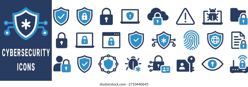 Colección de iconos de ciberseguridad con bloqueo de escudo huella digital de error y protección de símbolos de red