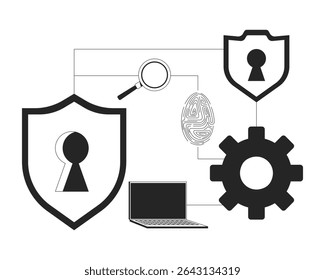 Cybersecurity icons connected network line illustration concept. Shields with keyholes, fingerprint, magnifying glass, laptop, gear outline 2D composition isolated. Ink linear metaphor vector art