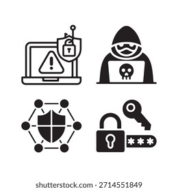 Cybersecurity icons depicting hacking data protection and secure network connections
