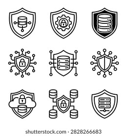 Cybersecurity icons featuring shields and data protection.