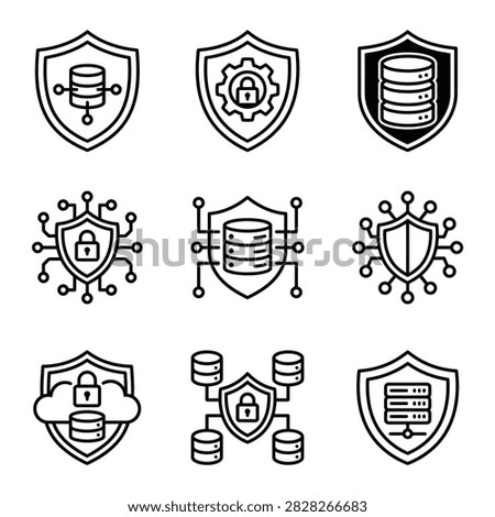 Cybersecurity icons featuring shields and data protection.
