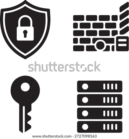 Cybersecurity icons with firewall shield key and server
