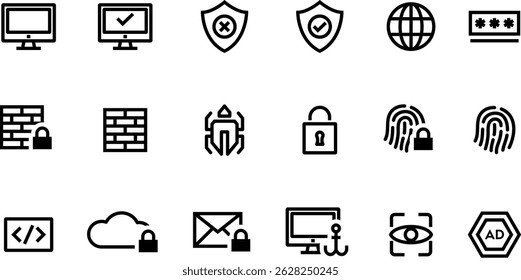 Cybersecurity Icons Pack Firewall, Impressão Digital, Criptografia, Segurança na Nuvem, Malware, Bloqueio e Phishing Symbols