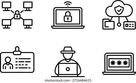 Iconos de ciberseguridad que representan la protección de datos y la verificación de identidad