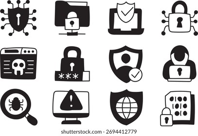 Cybersecurity Icons Set – Data Protection, Network Safety, and Digital Privacy Vector Design