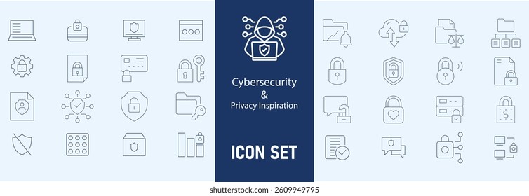 Cybersecurity icons set with firewall, data encryption, password protection, virus scan, phishing attack, two factor authentication, cyber threat, secure connection  icon. Simple line vector