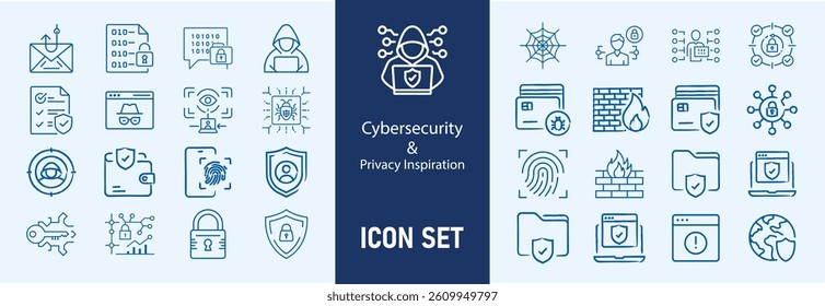 Cybersecurity icons set with firewall, data encryption, password protection, virus scan, phishing attack, two factor authentication, cyber threat, secure connection  icon. Simple line vector