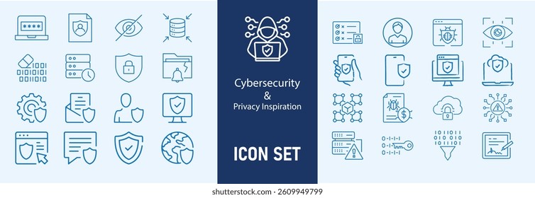 Cybersecurity icons set with firewall, data encryption, password protection, virus scan, phishing attack, two factor authentication, cyber threat, secure connection  icon. Simple line vector